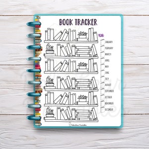 May include: A black and white printable book tracker with a bookshelf design. The tracker includes a section for the year, month, and a place to check off books read. The text "BOOK TRACKER" is at the top of the page.