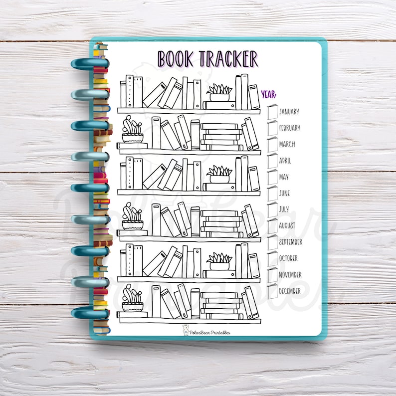 May include: A black and white printable book tracker with a bookshelf design. The tracker includes a section for the year, month, and a place to check off books read. The text "BOOK TRACKER" is at the top of the page.