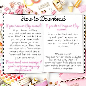 May include: A pink and white notebook with handwritten instructions on how to download digital files from Etsy. The text includes instructions for Etsy account holders and guests. The notebook is surrounded by pink and white decorative items.