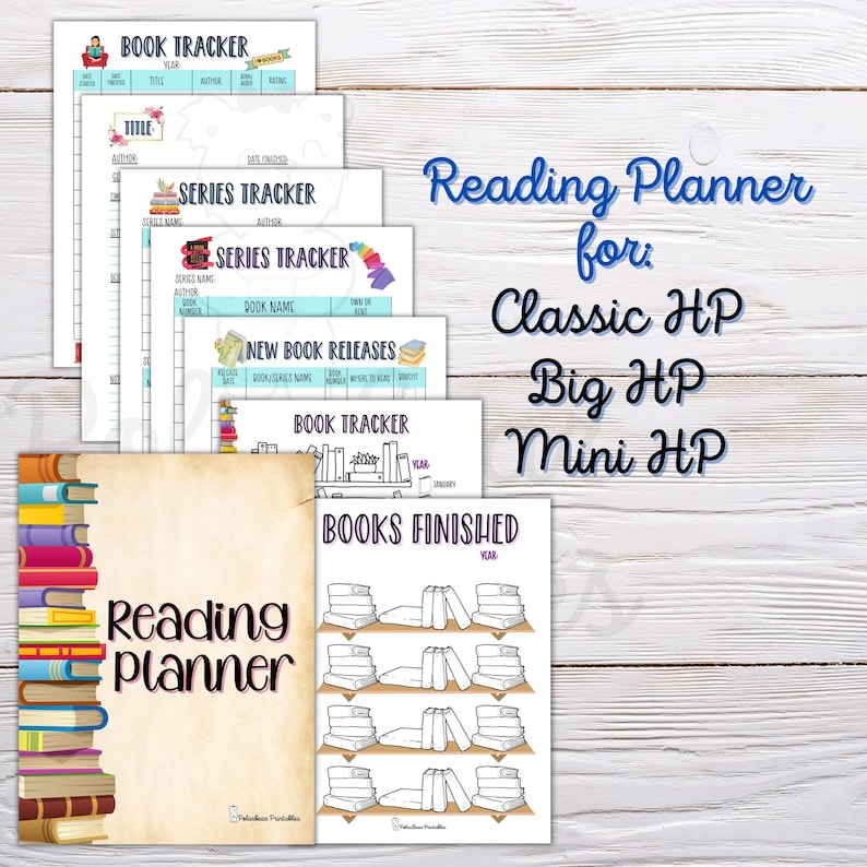May include: Printable reading planner pages for tracking books read. The pages include sections for book trackers, series trackers, new book releases, and books finished. The pages are designed for Harry Potter fans and include the text "Reading Planner for Classic HP, Big HP, Mini HP".