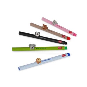May include: A collection of colorful pens, each featuring a different animal figurine. The pens are in various colors, including pink, brown, black, green, and light blue. Each pen has a different phrase printed on it, such as "HUG ME" and "TAKE IT EASY".