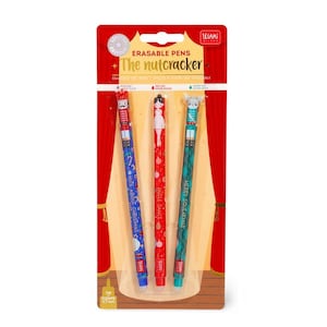 May include: A package of three erasable pens with "The Nutcracker" theme. The pens are red, blue, and green, each with a different design and the text "Nuts About Christmas", "Jingle Dance", and "Merry Squeakmas". The package has a red curtain design.