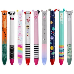 May include: A collection of colorful pens with animal and space-themed designs. Each pen features a unique character, including a tiger, panda, unicorn, robot, flamingo, cat, and koala. The pens have a variety of colors and patterns, with pink, blue, and green accents.