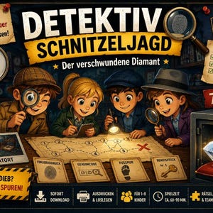 Könnte beinhalten: Ein Detektiv-Schnitzeljagd-Spielset mit dem Titel Detektiv Schnitzeljagd, das vier gezeichnete Kinder zeigt, die eine Karte, Hinweise und einen Tresor mit einem Diamanten untersuchen. Das Spiel enthält Karten für Fingerabdrücke, Codes, Fußspuren und Schlüssel für 1-8 Spieler.