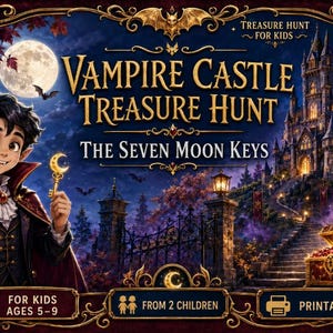 May include: A Vampire Castle Treasure Hunt game titled The Seven Moon Keys, featuring a young vampire character holding a golden moon key, a dark castle, a treasure chest, and text indicating it is for kids ages 5-9 and is a printable game.