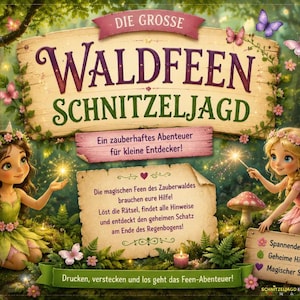 Può includere: Una copertina di scatola di gioco intitolata Die Grosse Waldfeen Schnitzeljagd con due fate illustrate in un ambiente boschivo. Il design include testo, farfalle, fiori, una lanterna, un fungo e una piccola bottiglia di vetro con liquido viola.