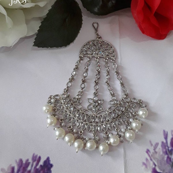 Indian Kundan Mirror Silver Bridal Pearl Bead Stone Jhumar, Passa, Sangeet Hair Jewellery, Side Tikka, Party Head Piece Jhumar, Jhoomar