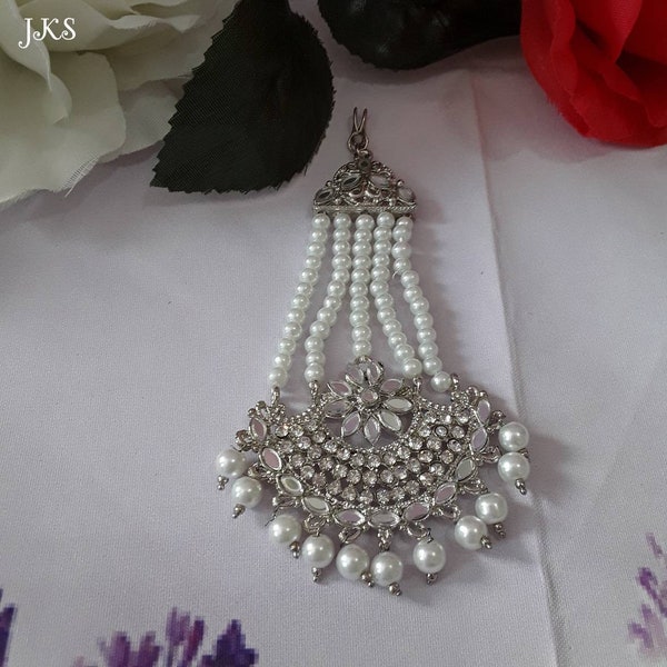 Indian Kundan Mirror Silver Bridal Pearl Bead Stone Jhumar, Passa, Sangeet Hair Jewellery, Side Tikka, Party Head Piece Jhumar, Jhoomar