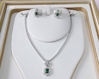 Indian CZ Diamond Emerald Green Silver Plated Necklace Earrings Set | Bridal Jewelry | Wedding Jewelry | Pakistani Jewelry | CZ Necklace Set