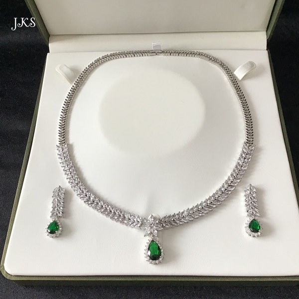 Indian CZ Diamond Silver Plated Emerald Necklace Earrings Set | Bridal Jewellery | Wedding Jewelry | Pakistani Jewelry | CZ Necklace Set