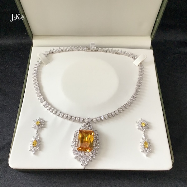 Indian CZ Diamond Silver Plated Yellow Necklace Earrings Set | Bridal Jewellery | Wedding Jewelry | Pakistani Jewelry | CZ Necklace Set