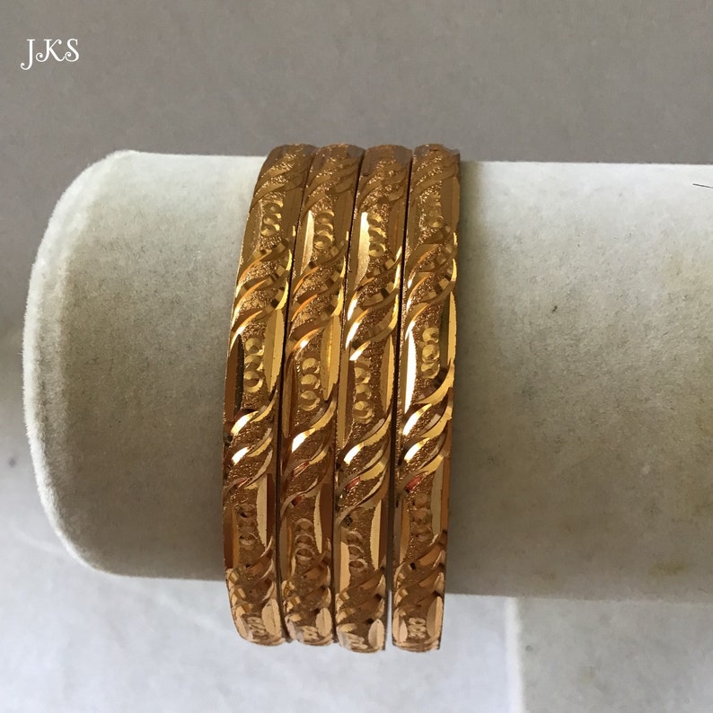 thumbnail image 2 of Vintage 22k Gold Plated Indian Bangle Set (4 Pieces) - Handmade Brass, Stackable 2 of 5