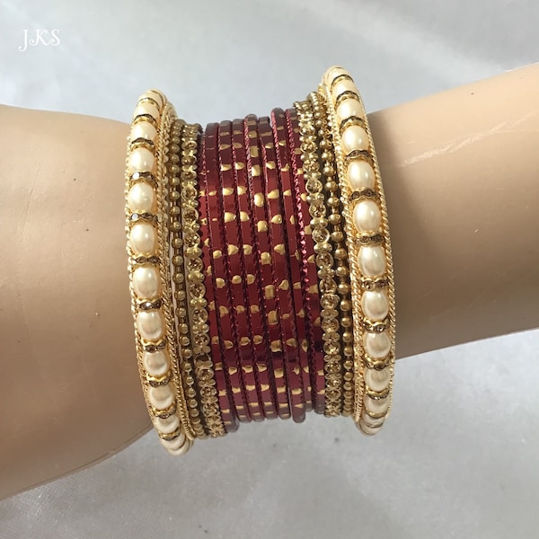 Indian Gold Pearl bangles | Kangan | Bangles Set | Wedding Bangles | Maroon  Bangles Set | Pearl Bangles | Bridal Choora Set