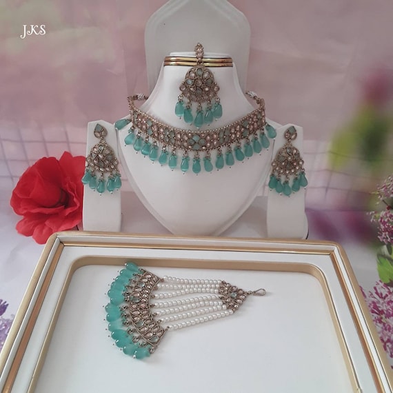 Indian Ethnic Jewellery Set Dull Gold Necklace Earrings Tikka