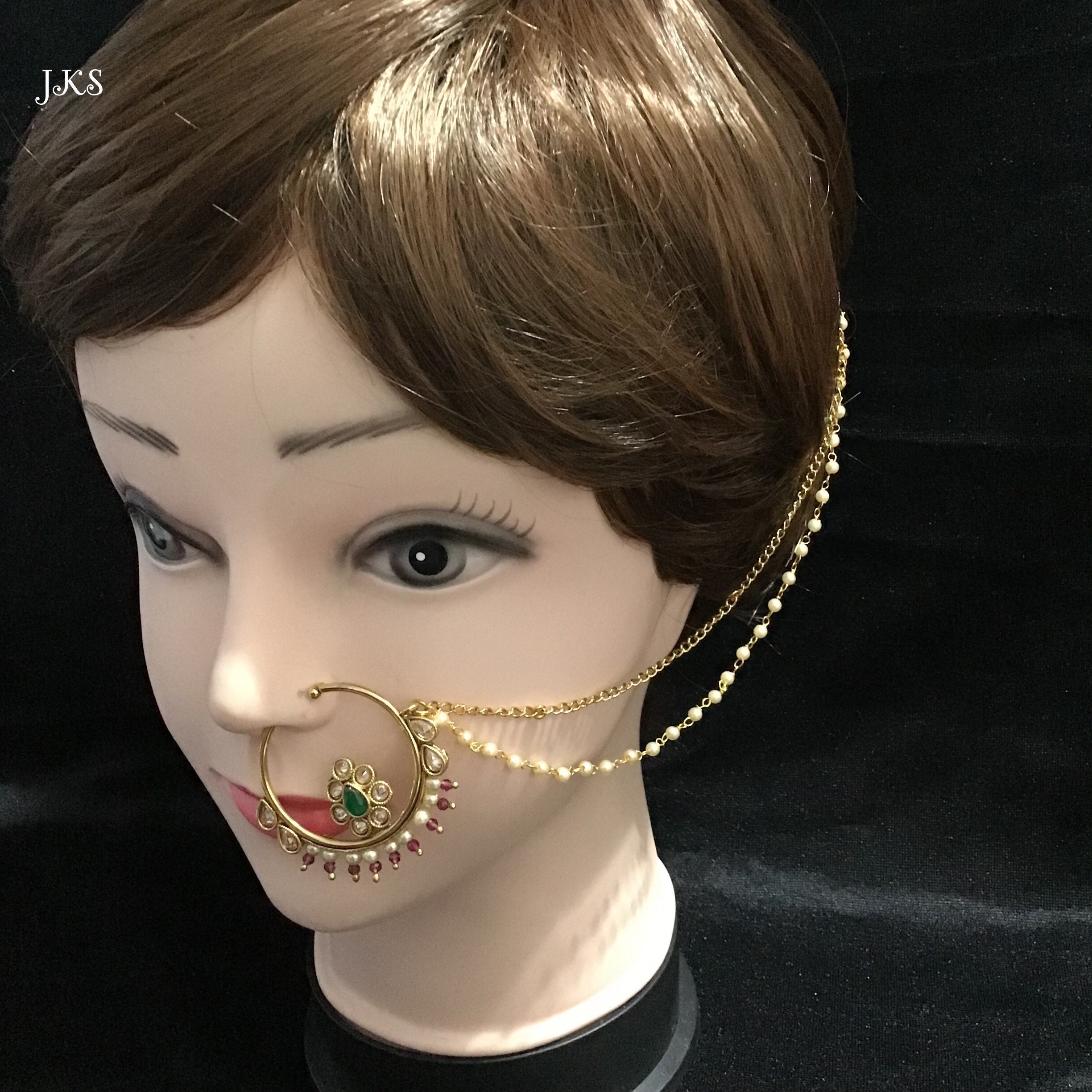 Buy Kundan Nose Ring With Pearl by Designer NAMASYA Online at Ogaan.com