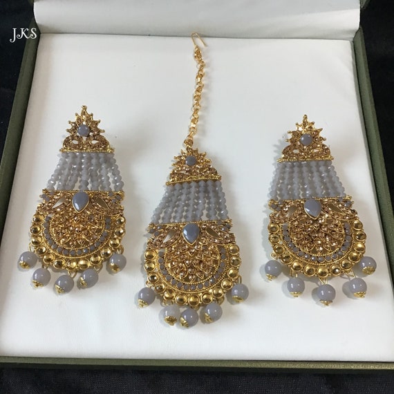 Buy Grey Silver Tone Stone Studded Earrings With Maang Tikka For Festival  Online