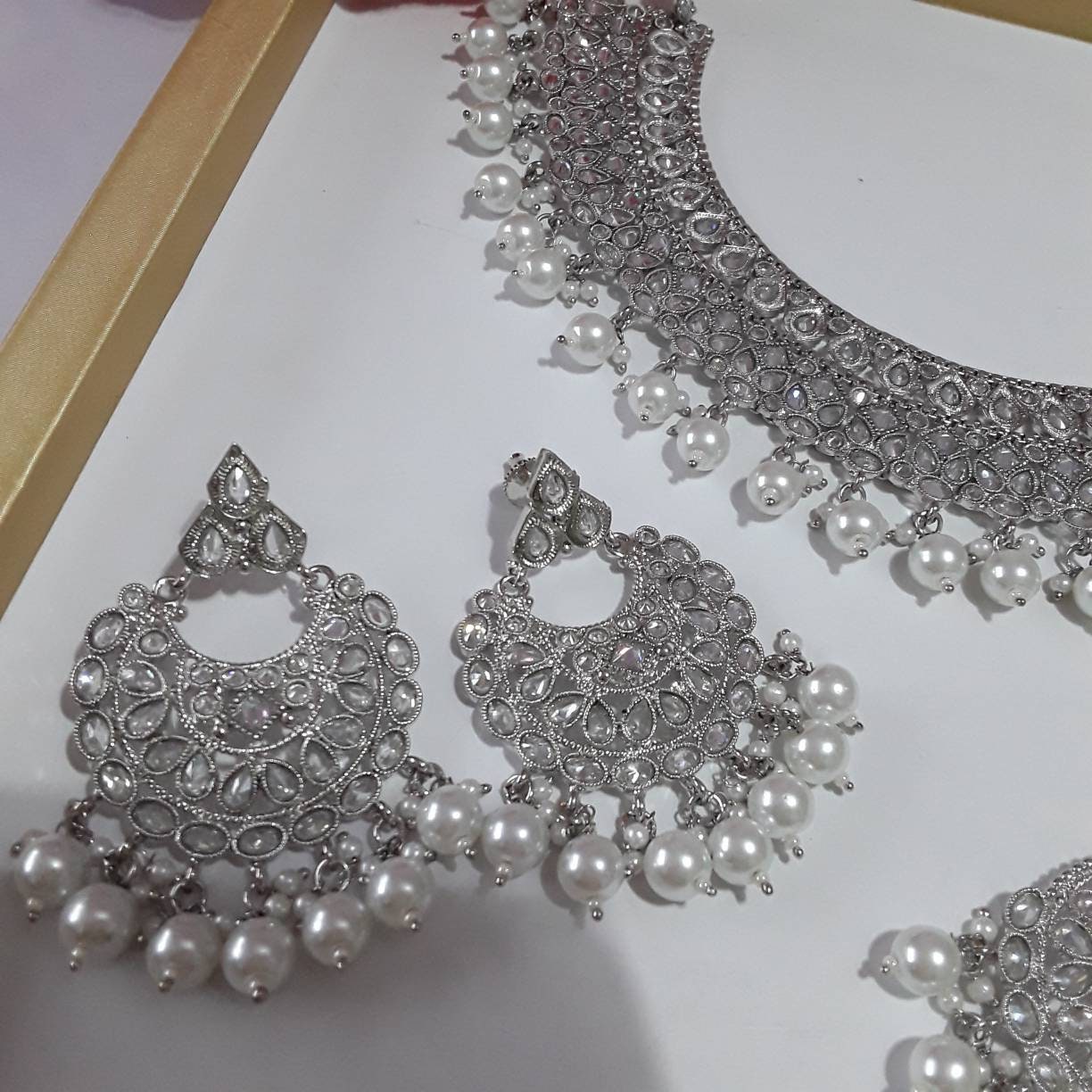 Indian Ethnic Jewellery Set Silver Plated Necklace Earrings Maang