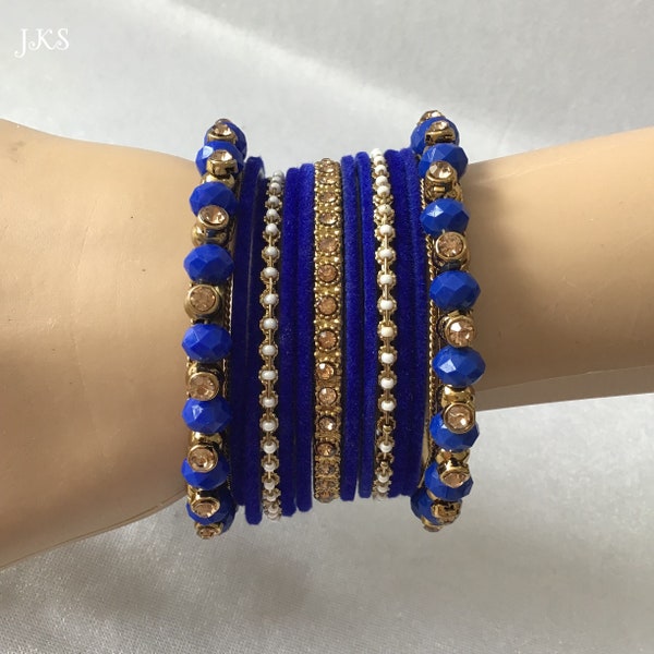 Indian gold bangles | Kangan | Bangles Set | Wedding Bangles | Velvet Blue & Gold bangles | Pearl Bangles | Bridal Choora Set | Eid Gift