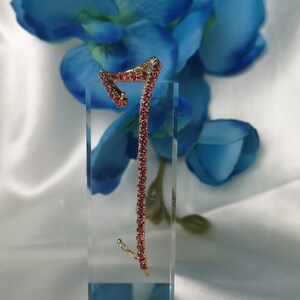 May include: A gold hair clip with a red rhinestone design. The clip is shaped like a curved line.