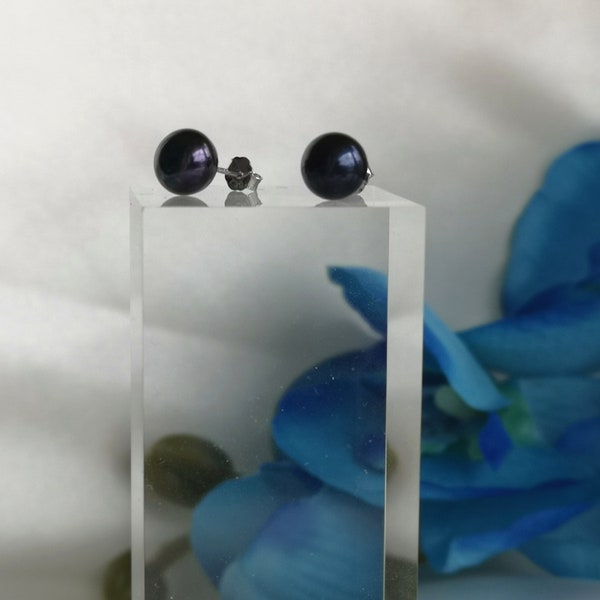 Pearl Stud Earrings Real Black Blue Freshwater 925 Silver Natural Jewelry