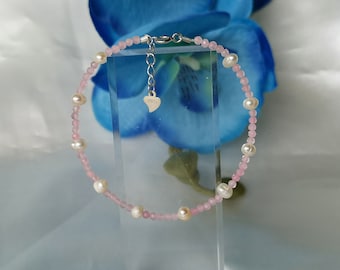 Rose Quartz Freshwater Pearl Bracelet 925 Silver Jewelry Jewellery Pink White Gemstone Natural Handmade Fine Filigree Delicate January