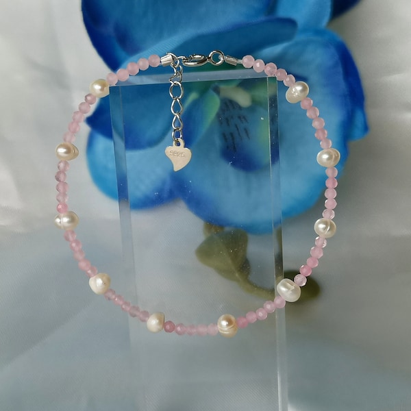 Rosenquarz Süßwasser Perlen Armband 925 Silber Schmuck Silberschmuck Rosa Weiß Edelstein Natürlich Handgemacht Fein Filigran Zart Januar