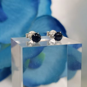 May include: A pair of stud earrings featuring faceted, round, black gemstones set in silver-colored metal. The earrings are displayed on a clear, rectangular block against a soft blue background.