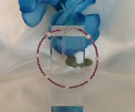 Rubin Süßwasser Perlen Armband 925 Silber Schmuck Silberschmuck Pink Weiß Edelstein Natürlich Handgemacht Fein Filigran Zart Juli