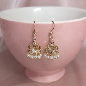 Gold mini jhumka earrings with pearl embellishments/ Drop earrings/ Pearl earrings/ Jhumki