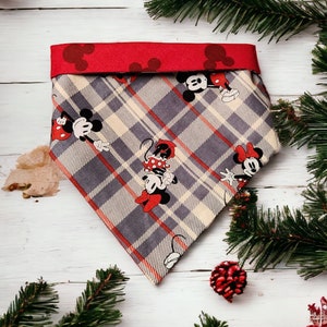 Plaid Mickey and Minnie Mouse Snap on dog bandana/ Disney/ Christmas/ Holidays/ Pet gift/ Christmas Gift/ Dog mom/ Cotton bandana/Puppy