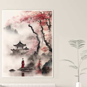 Digital Art Asian Ancient fantasy landscape with blossom. Printable wall art, digital art, Asian, Japanese Fantasy Art