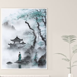 Digital Art Asian Ancient fantasy landscape with blossom in Blue aqua Printable wall art, digital art, Asian, Japanese Fantasy Art