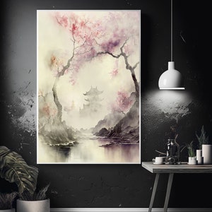 Asian Ancient fantasy digital downloadable Art Blossomtime  landscape. Printable wall art, digital art, Asian, Japanese Fantasy Art