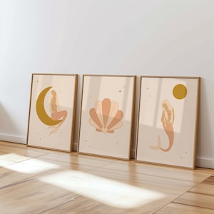 Boho Mermaid print, Mermaid  Wall Art Set of 3, Mermaid Art For girls Nursery, Shell Print - DIGITAL DOWNLOAD