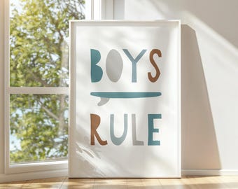 Boys Rule Printable Art, Boho Retro Kids Room Decor, Playroom Wall Art - Digital Download