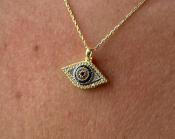 14k Gold Evil Eye Necklace, Sapphire and Diamond Eye Pendant, Dainty Protection Necklace, Spiritual Jewelry Gift for Her, Handmade Jewelry
