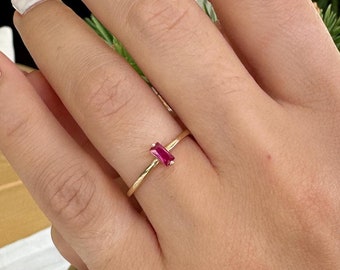 14k Solid Gold Ruby Solitaire Ring, Baguette Red Ruby Stacking Ring, Dainty Ruby Ring, Delicate Ruby Ring, Everyday Ring, Birthstone Jewelry