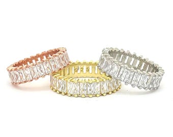 Anel Eternity Baguette de Prata de Lei 925 | Aliança de Ouro ou Prata com Zircônias Zircônias Baguete | Aliança de Casamento Delicada | Presente para Ela