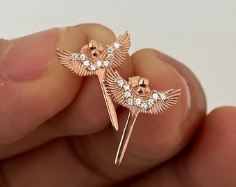 14k gouden diamant aartsengel engelenoorbellen, beschermengelenvleugels oorbellen, sierlijke vleugeloorbellen, gouden oorknopjes sieraden, cadeau voor haar