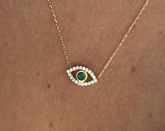 14k gouden boze oog-ketting met smaragd en diamanten | Handgemaakte sierlijke ooghanger | Sterlingzilver | Beschermingssieraden Cadeau voor haar