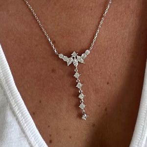 Y-Shaped Diamond Bridal Necklace, Dainty Drop Pendant Necklace, 925 Sterling Silver Necklace, Wedding Jewelry, Gift for Her, Women