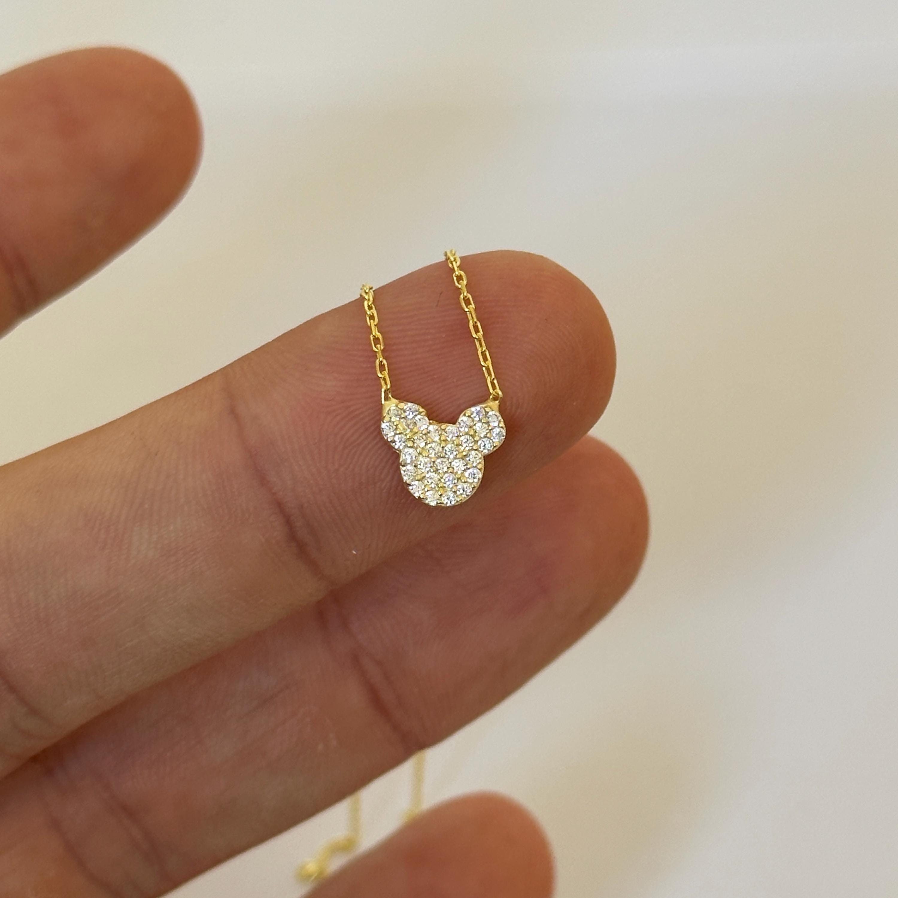 14k Gold Diamond Mickey Mouse Necklace, Dainty Disney Pendant Necklace ...