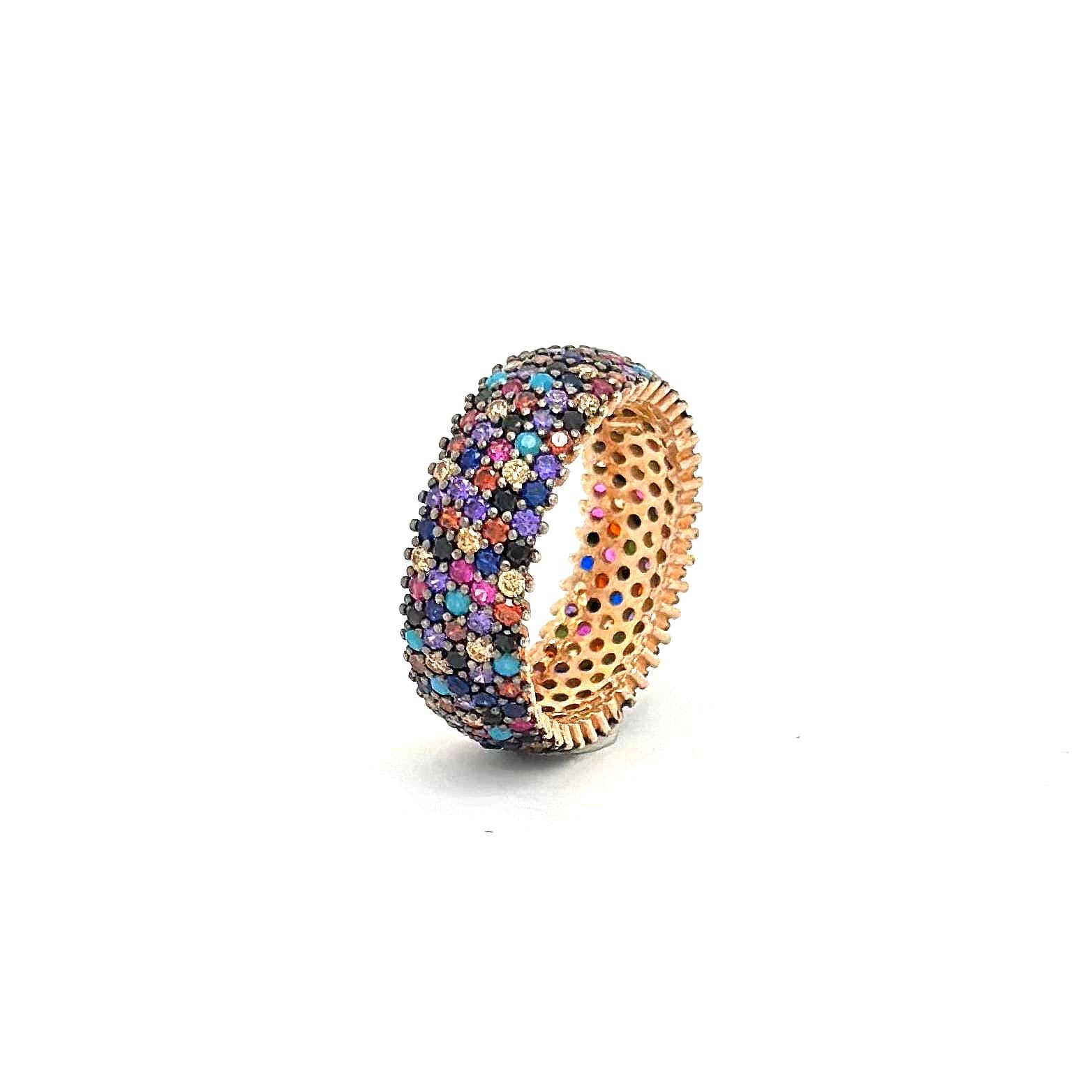 Turkse handgemaakte 925 sterlingzilveren 5 rijen veelkleurige CZ-bandring | Brede Eternity-ring regenboog | Kleurrijke statementring voor dames cadeau: