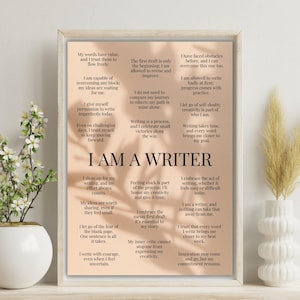Afirmaciones creativas para escritores: supere los bloqueos y acepte su voz. Póster imprimible para inspirarse y motivarse