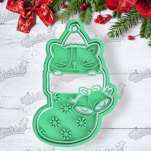 Tagliabiscotti calza di Natale con gatto kawaii - biscotto personalizzato Babbo Natale biscotto natalizio calza di Natale gatto kawaii