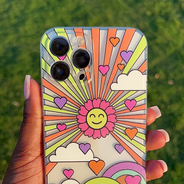 Neon Sky with Flower Sun and Hearts iPhone Case