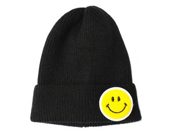 Black Chenille Patch Smiley/Happy Face Knitted-Beanie Cuffed Fold-Up Beanie Skully Knit Ski Hat Winter Cap