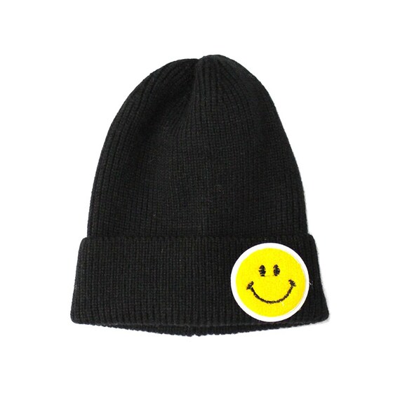 Black Chenille Patch Smiley/happy Face Knitted-beanie Cuffed  display picture 3