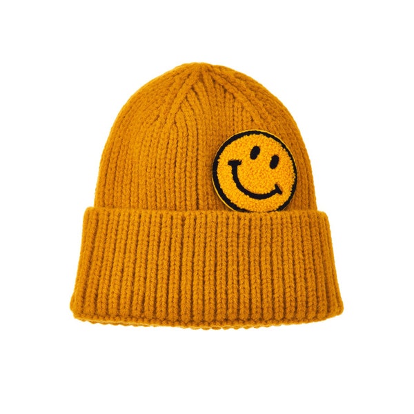 Mustard Yellow Black Chenille Patch Smiley/Happy Face Knitted-Beanie Cuffed Fold-Up Beanie Skully Knit Ski Hat Winter Cap