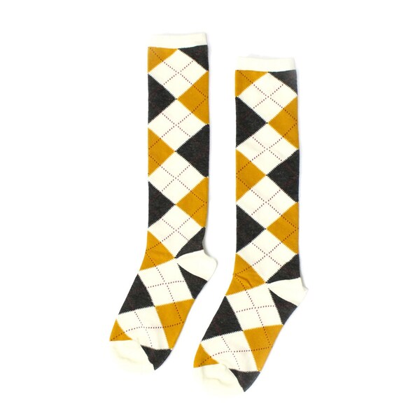 White Multi Colored Argyle Pattern Knee High Socks